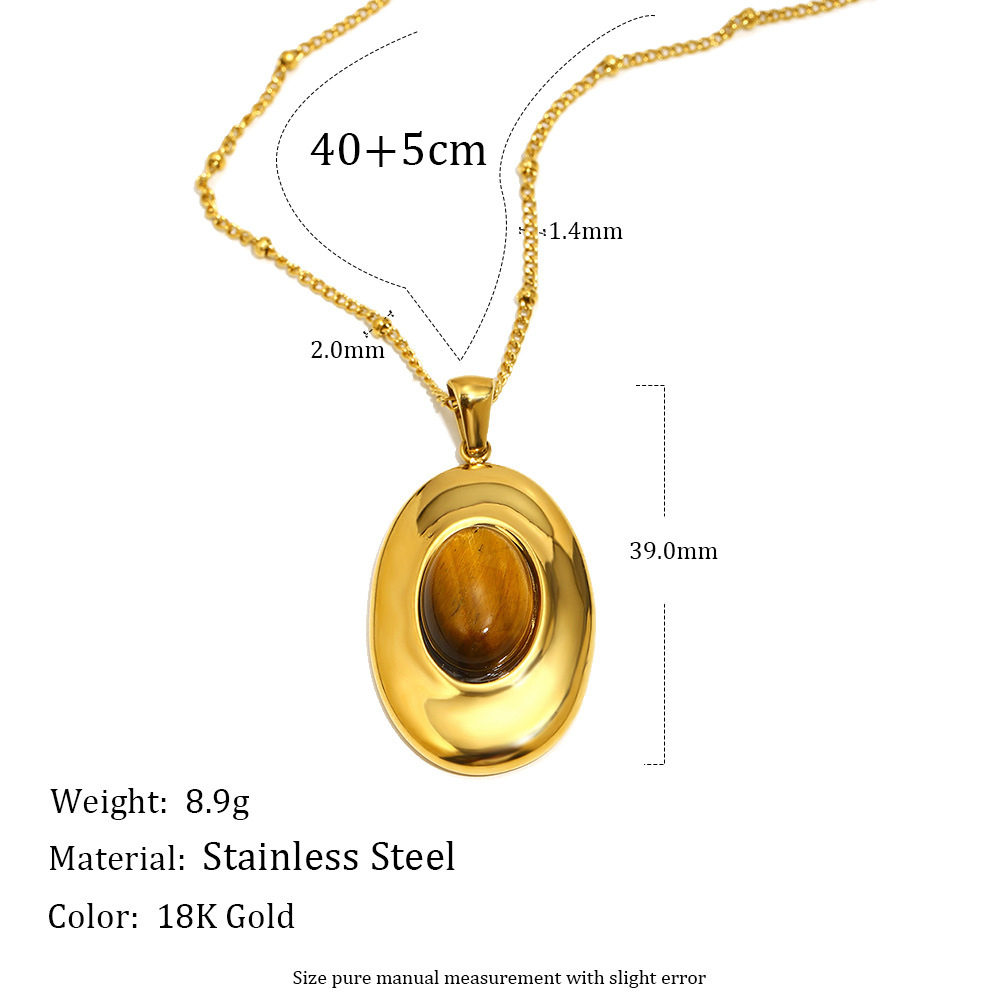 18K gold-plated chunky oval dome pendant necklace with natural tiger eye stone on a delicate satellite chain, vintage statement jewelry for women, 39mm