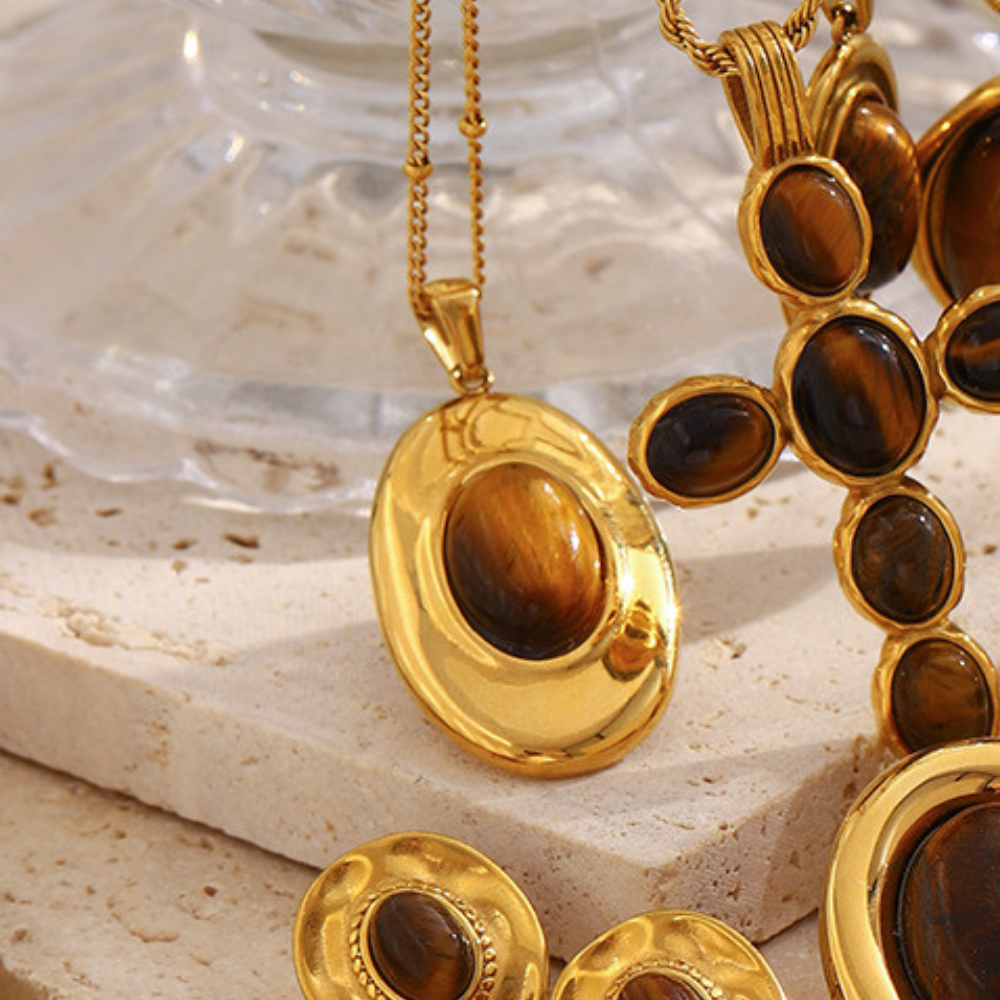 18K gold-plated chunky oval dome pendant necklace with natural tiger eye stone on a delicate satellite chain, vintage statement jewelry for women, 39mm