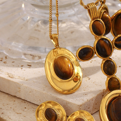 18K gold-plated chunky oval dome pendant necklace with natural tiger eye stone on a delicate satellite chain, vintage statement jewelry for women, 39mm