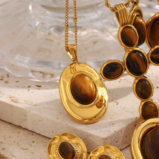 18K gold-plated chunky oval dome pendant necklace with natural tiger eye stone on a delicate satellite chain, vintage statement jewelry for women, 39mm