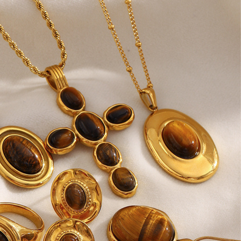 18K gold-plated chunky oval dome pendant necklace with natural tiger eye stone on a delicate satellite chain, vintage statement jewelry for women, 39mm