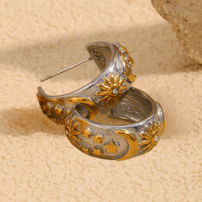 Celestial two-tone earrings – star, moon & sun design, 18K gold-plated, waterproof by STUD (Shop Till You Drop)