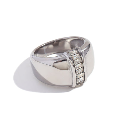 Close up View of Silver rectangular band ring with center-set diamond – waterproof, hypoallergenic by STUD (Shop Till You Drop)