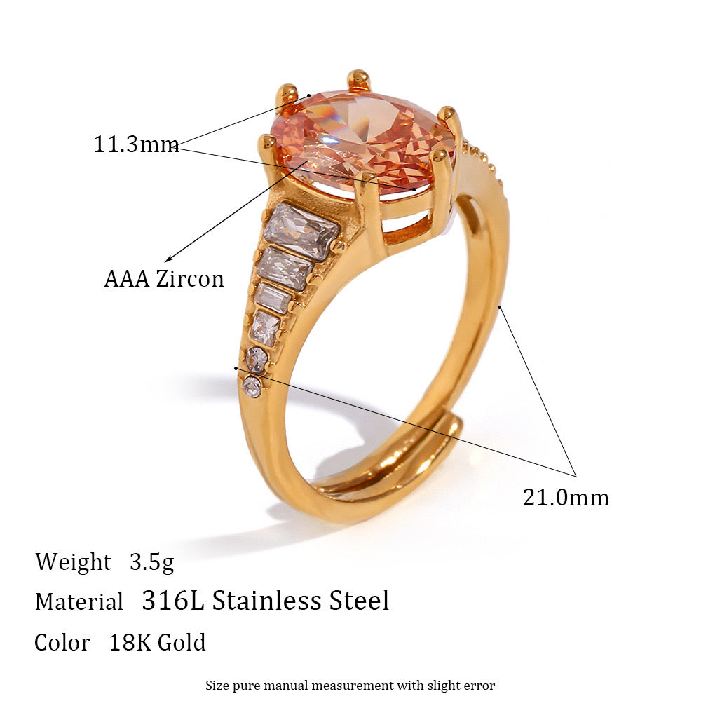 Luxe Adjustable Oval Pink Gemstone Ring | 18K Gold-Plated Statement