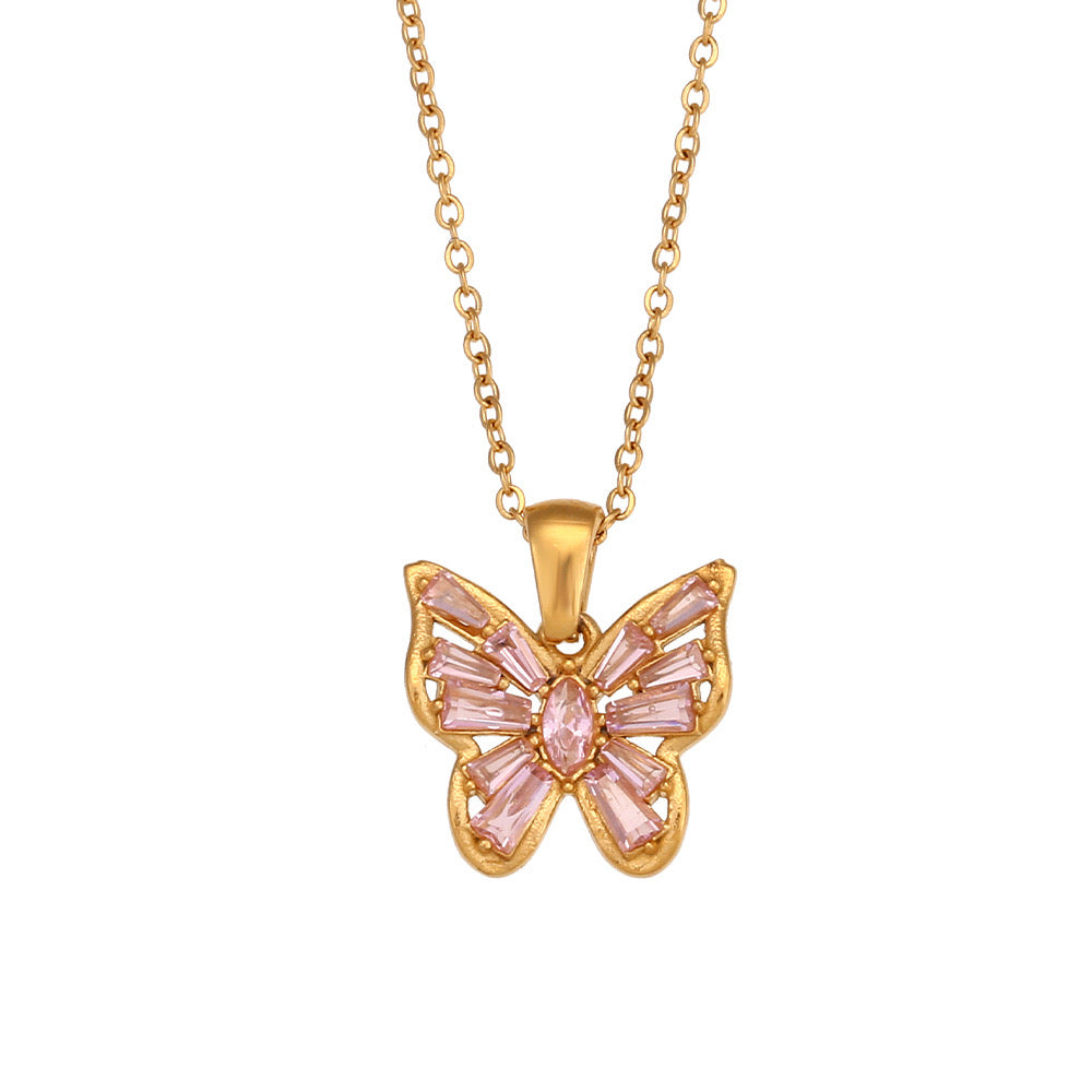 Butterfly Elegant Pink Zircon Pendant Necklace