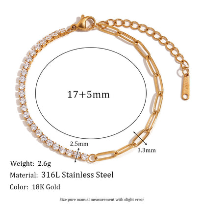 Size Details of Gold paperclip chain bracelet with zircon stones – 18K plated jewelry – STUD