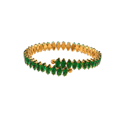 Green zircon open bangle in gold-plated stainless steel – luxury and waterproof – STUD