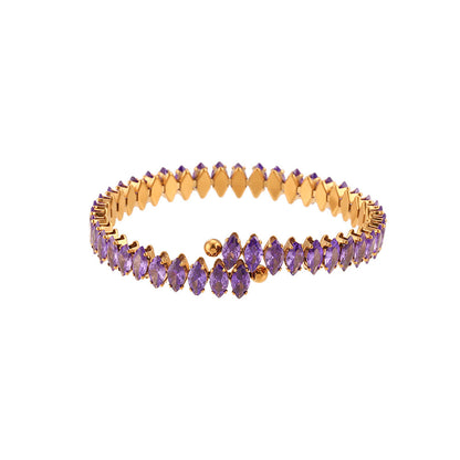 Close View of Purple marquise zircon open bangle in 18K gold plated stainless steel – luxury cuff – STUD