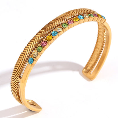 18K gold plated double-layer fishbone bangle – vintage open cuff bracelet – STUD