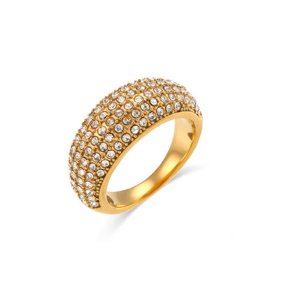 Close up view of Elegant full zircon pave ring – 18K gold-plated stainless steel polished band with complete zircon setting – luxury statement jewelry by STUD (Shop Till You Drop)