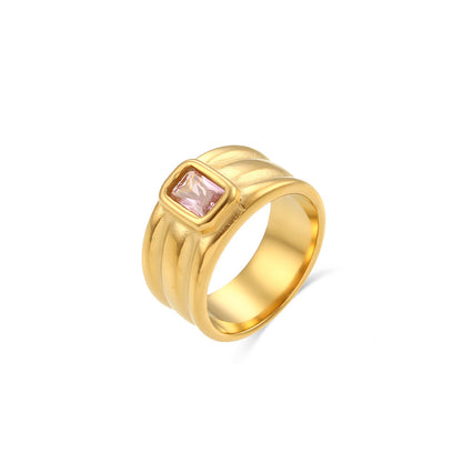 Vintage pink rectangular zircon ring – multilayer wide band in 18K gold-plated stainless steel – bold fashion jewelry by STUD (Shop Till You Drop)