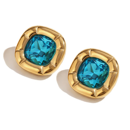 Vintage blue floral zirconia earrings – 18K gold-plated, square design, waterproof by STUD (Shop Till You Drop)