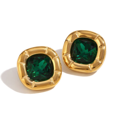 Close View of Vintage green floral zirconia earrings – 18K gold-plated, square design, waterproof by STUD (Shop Till You Drop)