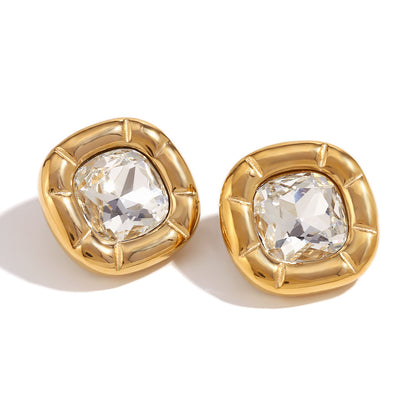 Close View of Vintage floral clear zirconia earrings – 18K gold-plated, rounded square design, waterproof by STUD (Shop Till You Drop)