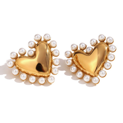Pearl heart earrings – 18K gold-plated, romantic design, waterproof and hypoallergenic by STUD (Shop Till You Drop)