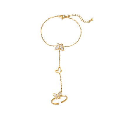 18K gold plated butterfly hand chain with white shell inlay – elegant and waterproof – STUD