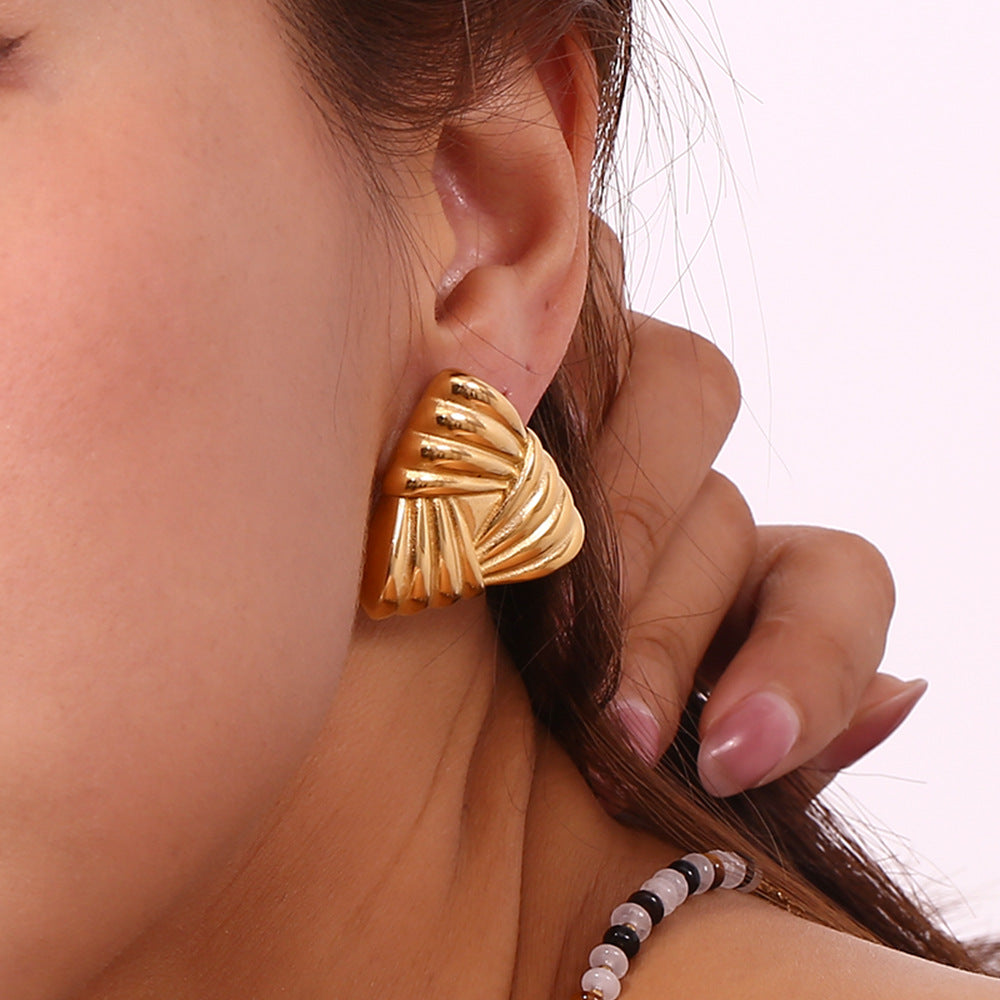 Bold 18K gold plated triangle stud earrings with sculpted wrap design – STUD