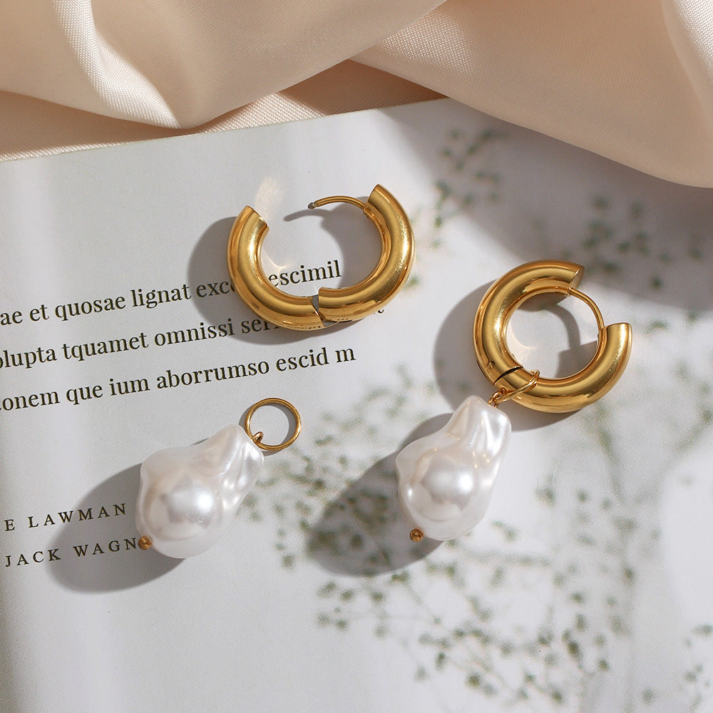 Elegant Baroque Pearl Hoop Earrings | 18K Gold-Plated Stainless Steel