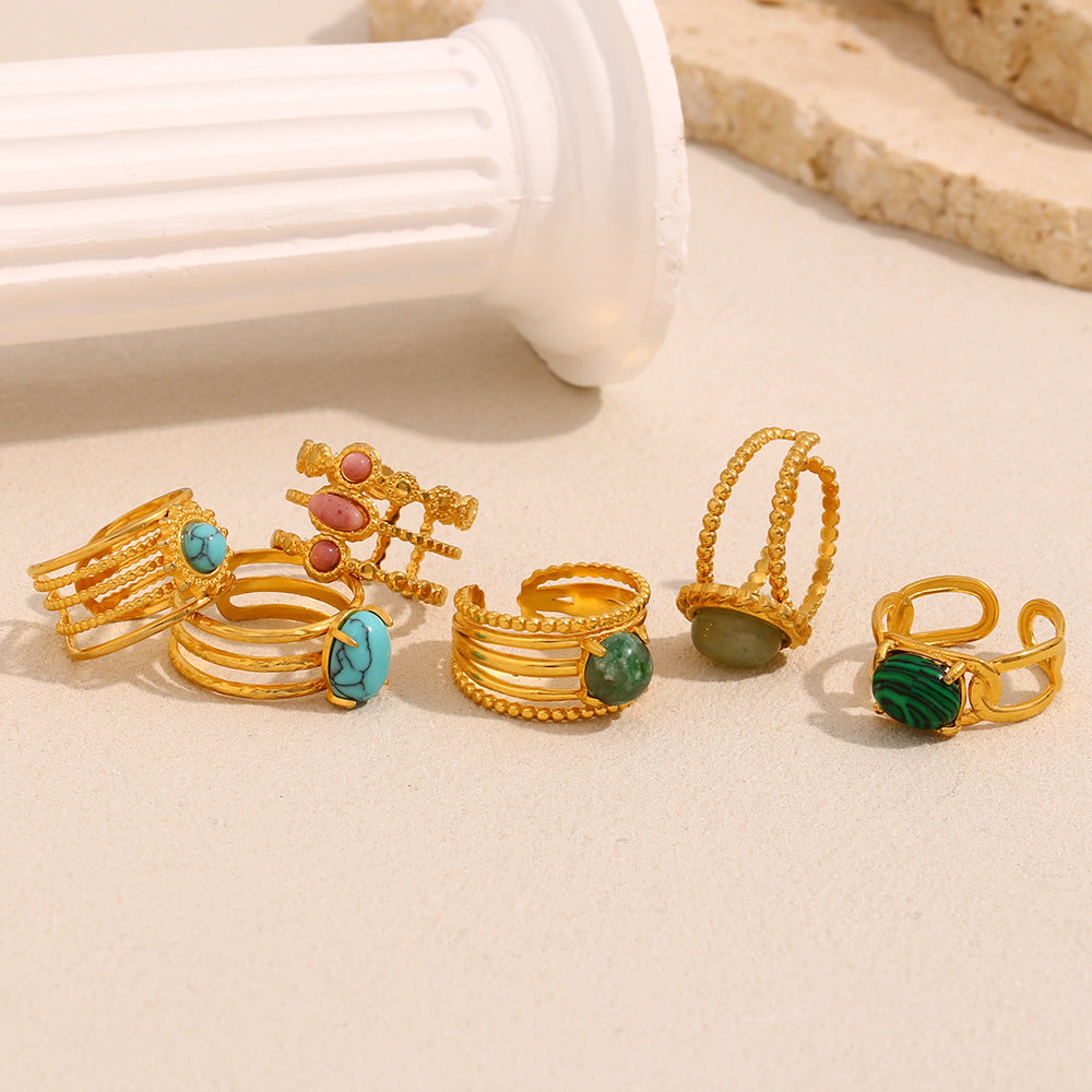 Vintage-inspired 18K gold plated double band ring with pink natural stones for women