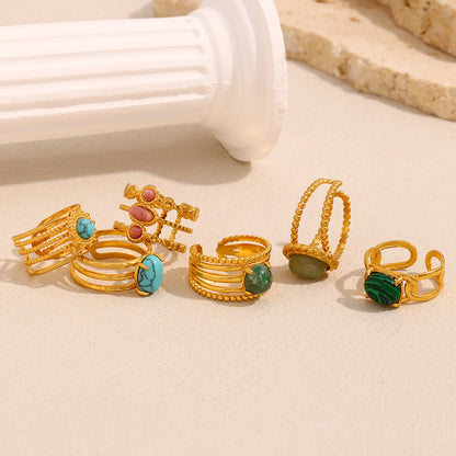 Vintage-inspired 18K gold plated double band ring with pink natural stones for women