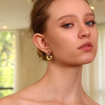18K Gold Plated Heart and Star Mismatch Earrings – Two-Tone Stainless Steel – STUD