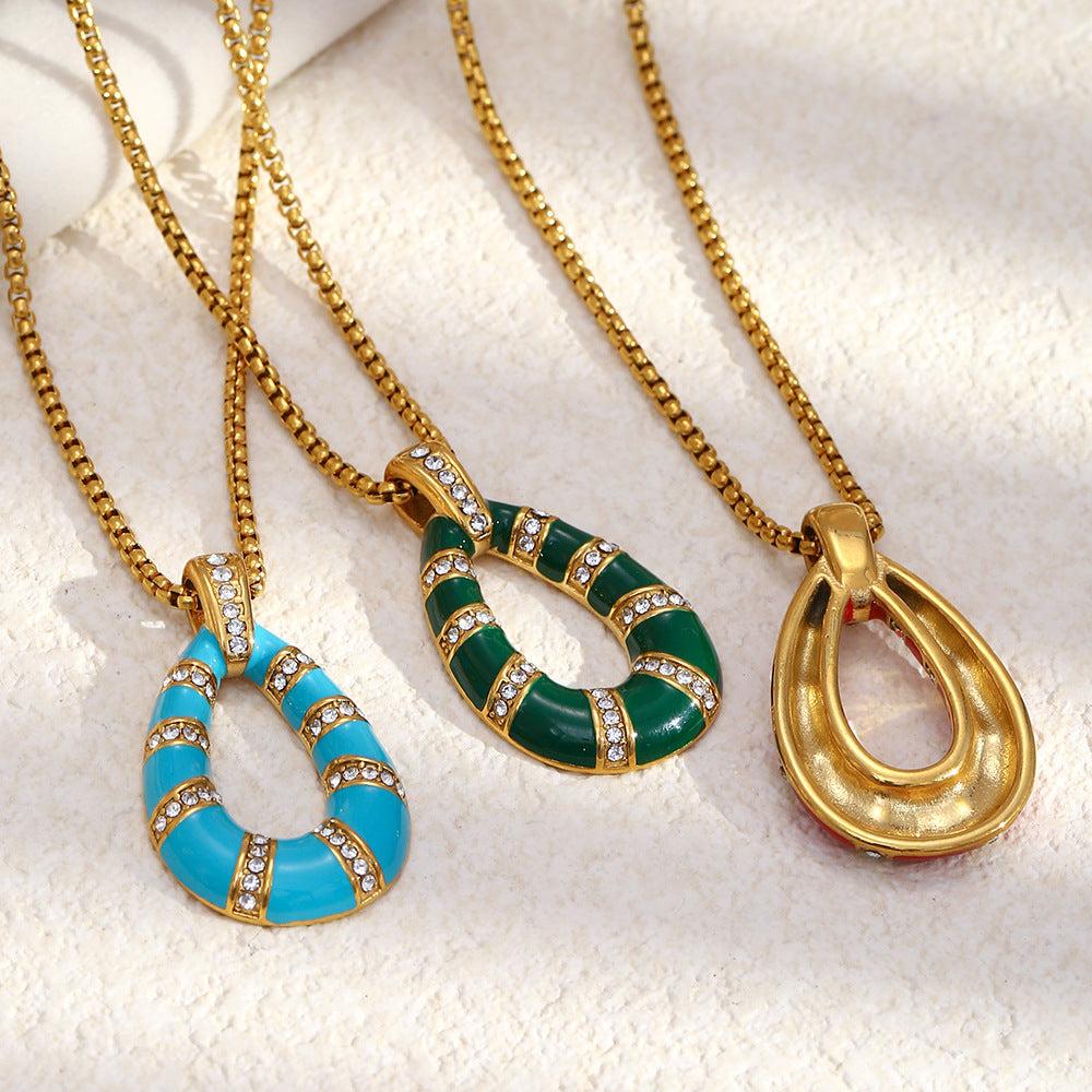 18K gold-plated stainless steel red enamel teardrop pendant necklace for women