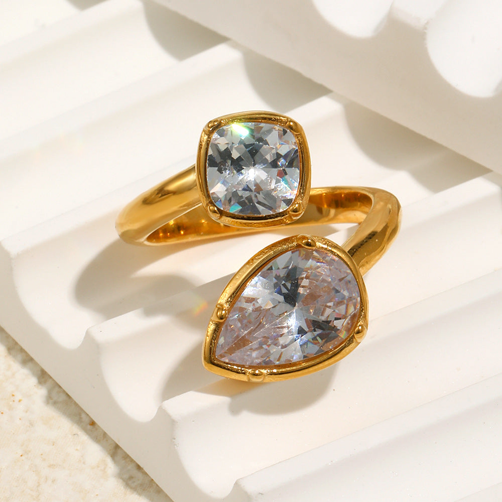 STUD 18K gold-plated stainless steel open ring with dual geometric pear and cushion cut zircon stones