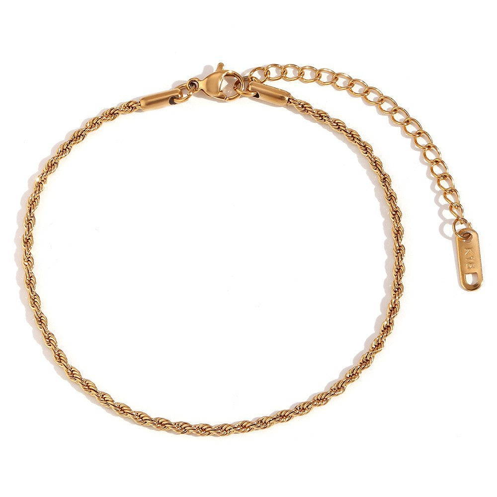 18K gold polished double layer anklet with twisted rope chain and bead accents for women