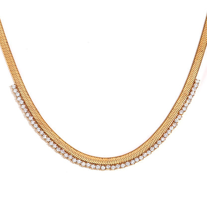 Close View of Fishbone stitch necklace with zirconia – 18K gold-plated, waterproof, hypoallergenic by STUD (Shop Till You Drop)