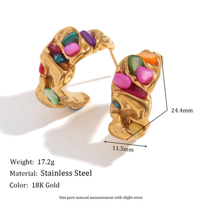 Size Details of Moon-shaped gold earrings with ruffled texture and colorful stones – 18K gold-plated, waterproof by STUD (Shop Till You Drop)