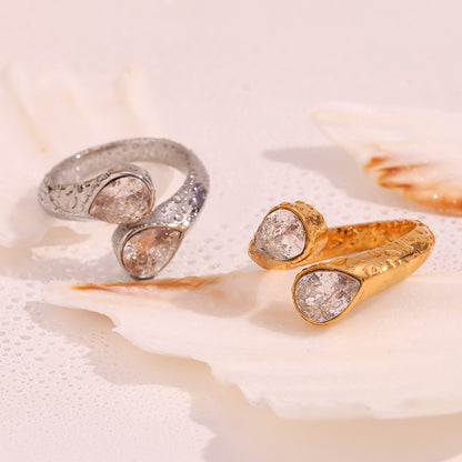 18K gold plated twin teardrop zircon open ring by STUD