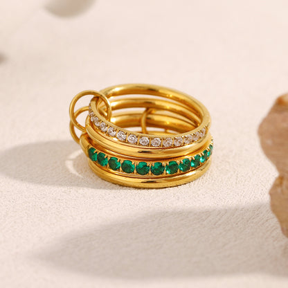 18K gold plated stacked ring set with emerald and white zircon accents – STUD