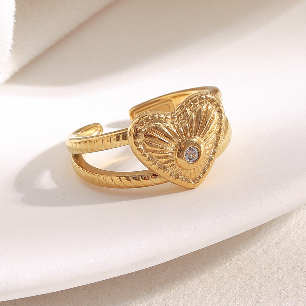 18K Gold-Plated Open Heart Adjustable Ring with Textured Finish and Central Gemstone