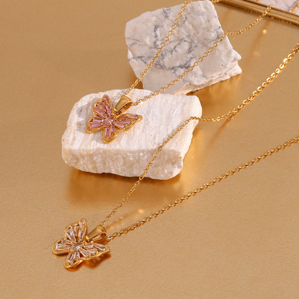 Butterfly Elegant Pink Zircon Pendant Necklace