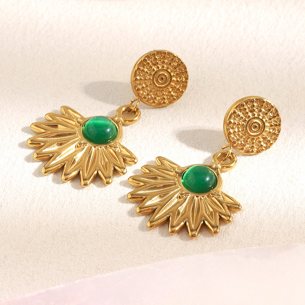 18K gold-plated stainless steel sunburst drop earrings with green agate stone
