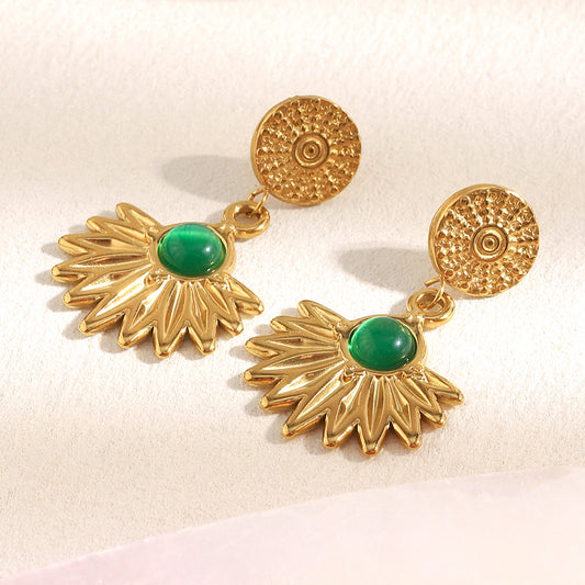 18K gold-plated stainless steel sunburst drop earrings with green agate stone