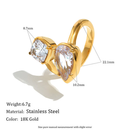 STUD 18K gold-plated stainless steel open ring with dual geometric pear and cushion cut zircon stones