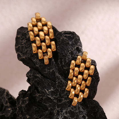 Close View of Handwoven Boho chain earrings – diamond-shaped 18K gold-plated, waterproof by STUD (Shop Till You Drop)