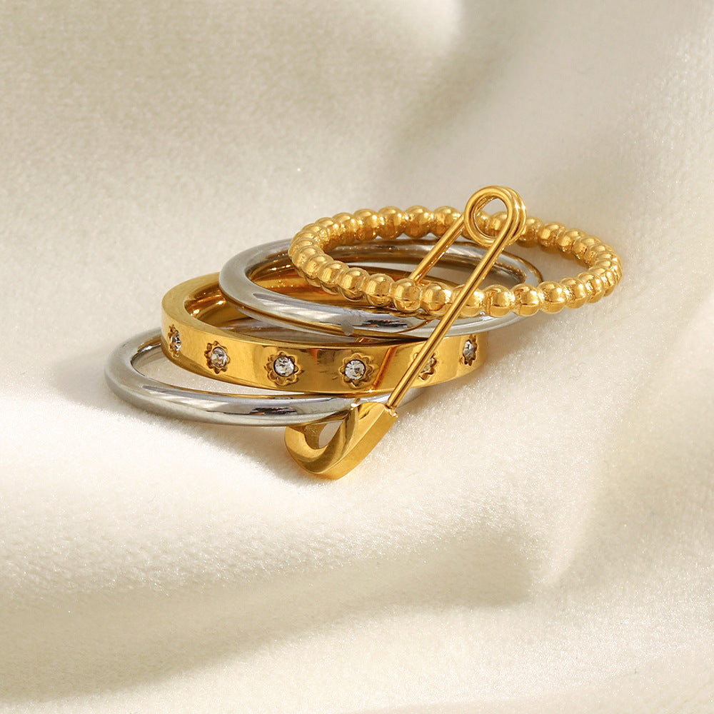 Bold Sparkle 4-Layer Safety Pin Stacked Ring in 18K Gold Finish