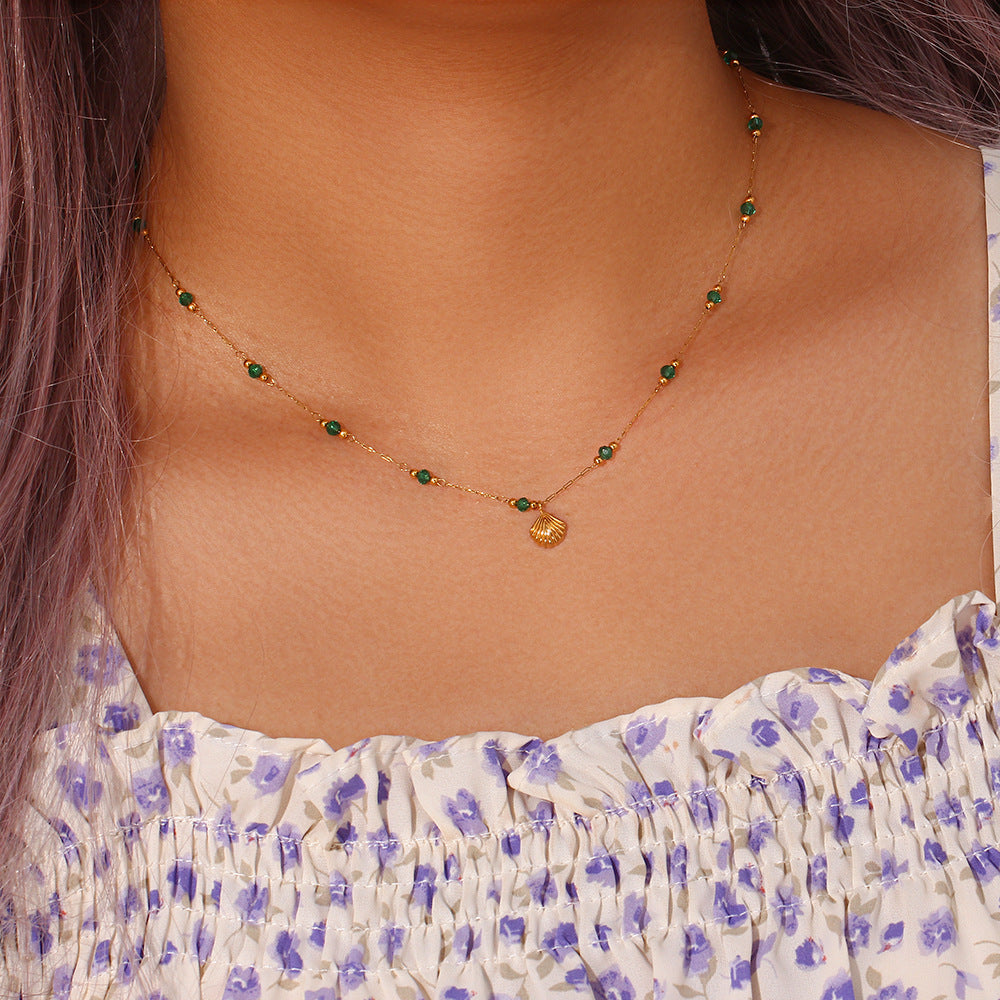 Minimalist Chic Green Bead & Shell Pendant Necklace