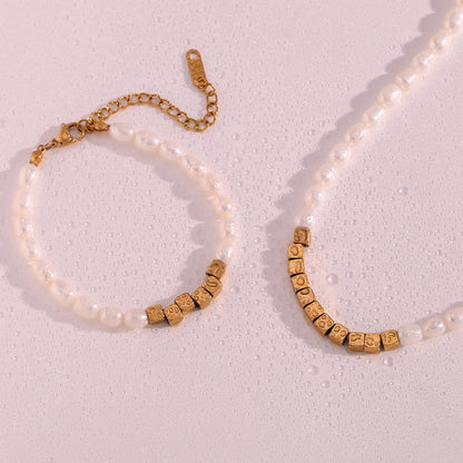 18K gold plated pearl cube charm necklace with freshwater pearls and square gold beads – STUD