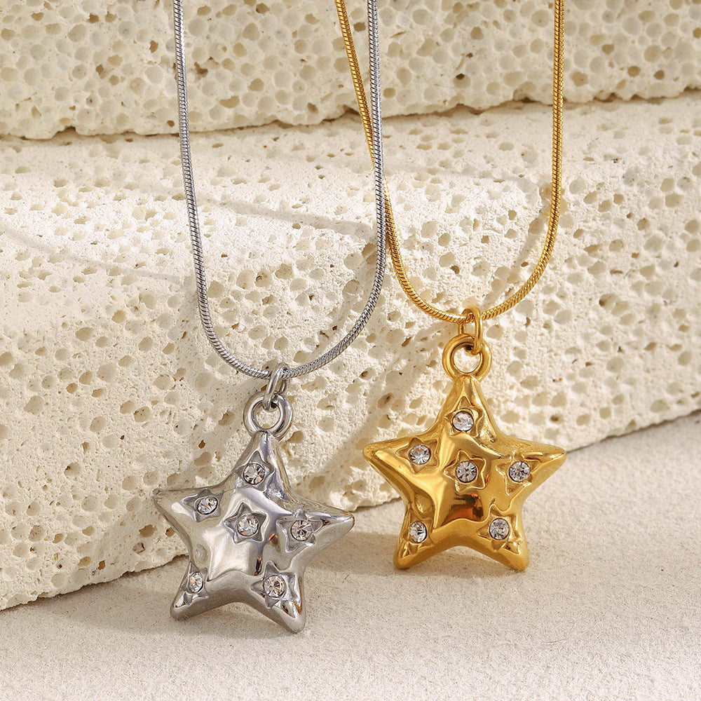 Silver stainless steel star pendant necklace with clear zircon crystals – STUD