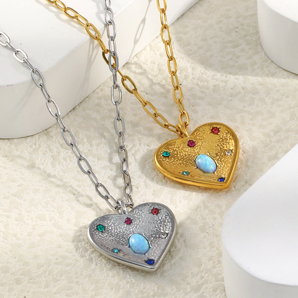 STUD 18K gold-plated stainless steel heart necklace with opal and colorful zircon stones