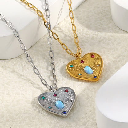 STUD 18K gold-plated stainless steel heart necklace with opal and colorful zircon stones