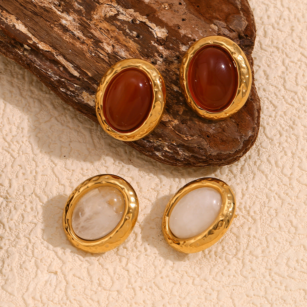 Vintage-Inspired 18K Gold-Plated Oval Earrings with Maroon Stone