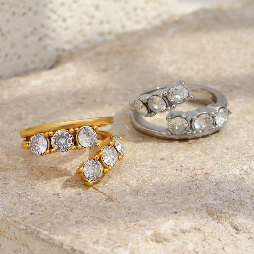 Silver stainless steel double-layer zircon open ring with round stones for women