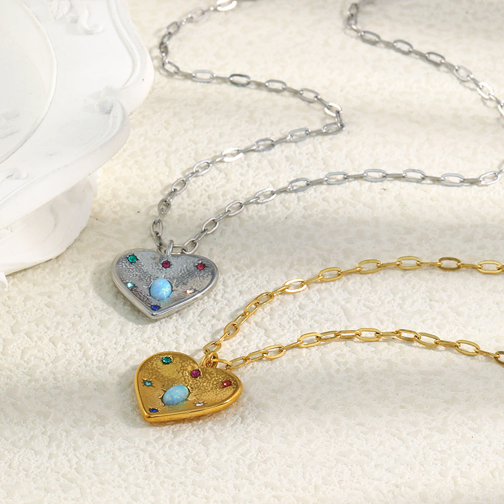 STUD 18K gold-plated stainless steel heart necklace with opal and colorful zircon stones