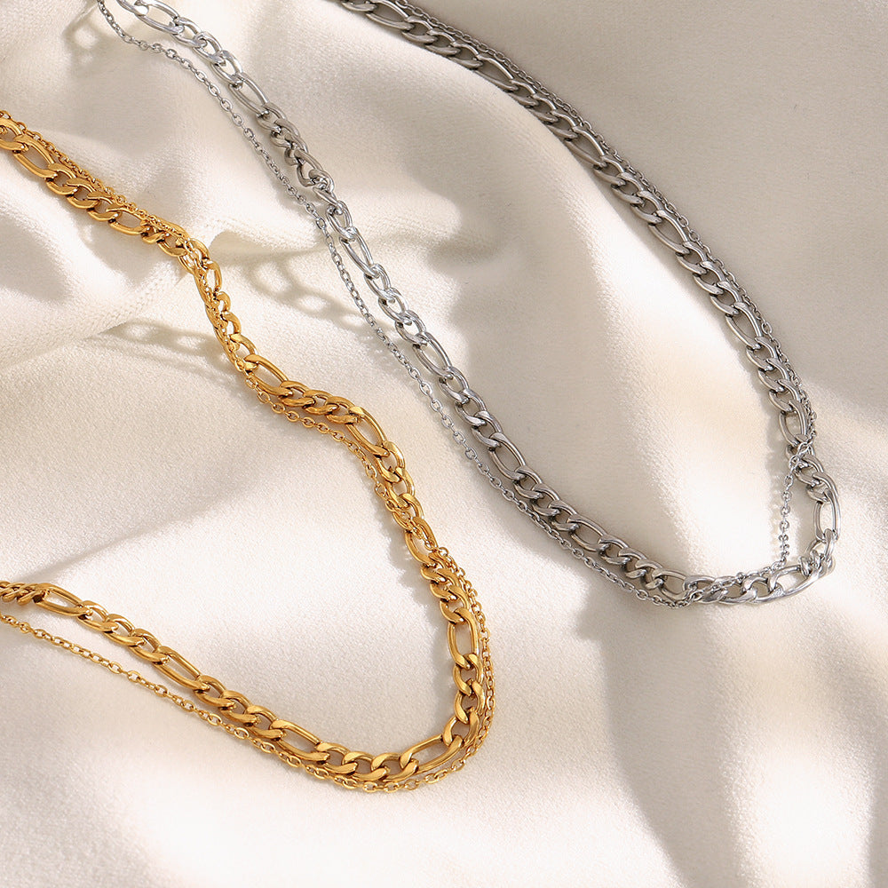 18K gold plated double layer necklace with thick and fine chains