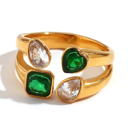 Closeup view of Heart-shaped double-layer zircon ring – 18K gold-plated stainless steel open band with waterdrop gemstone – by STUD (Shop Till You Drop)