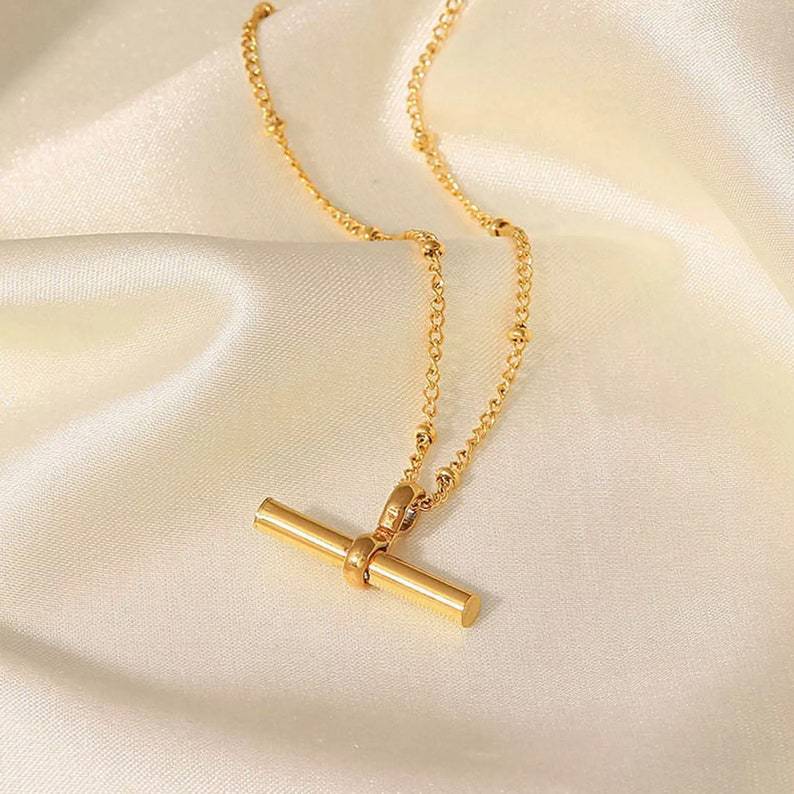 18K gold plated double-layer anklet with polished blade bar and beaded snake chain – STUD